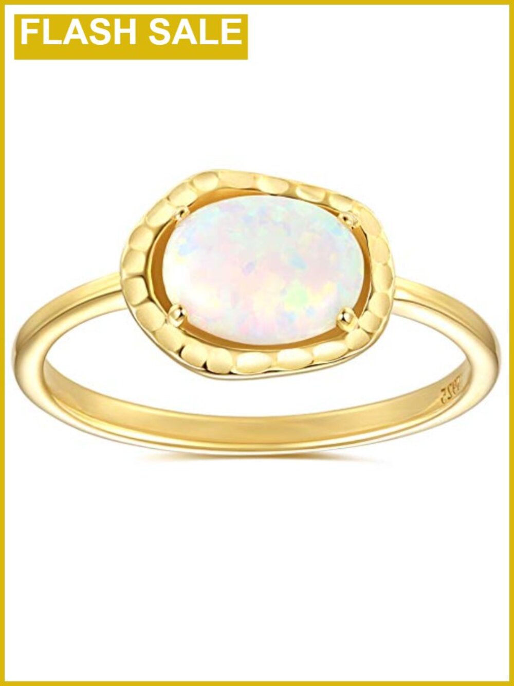 18K Gold Plated Hammered Opal Solitaire Ring Hypoallergenic Handmade Size 6